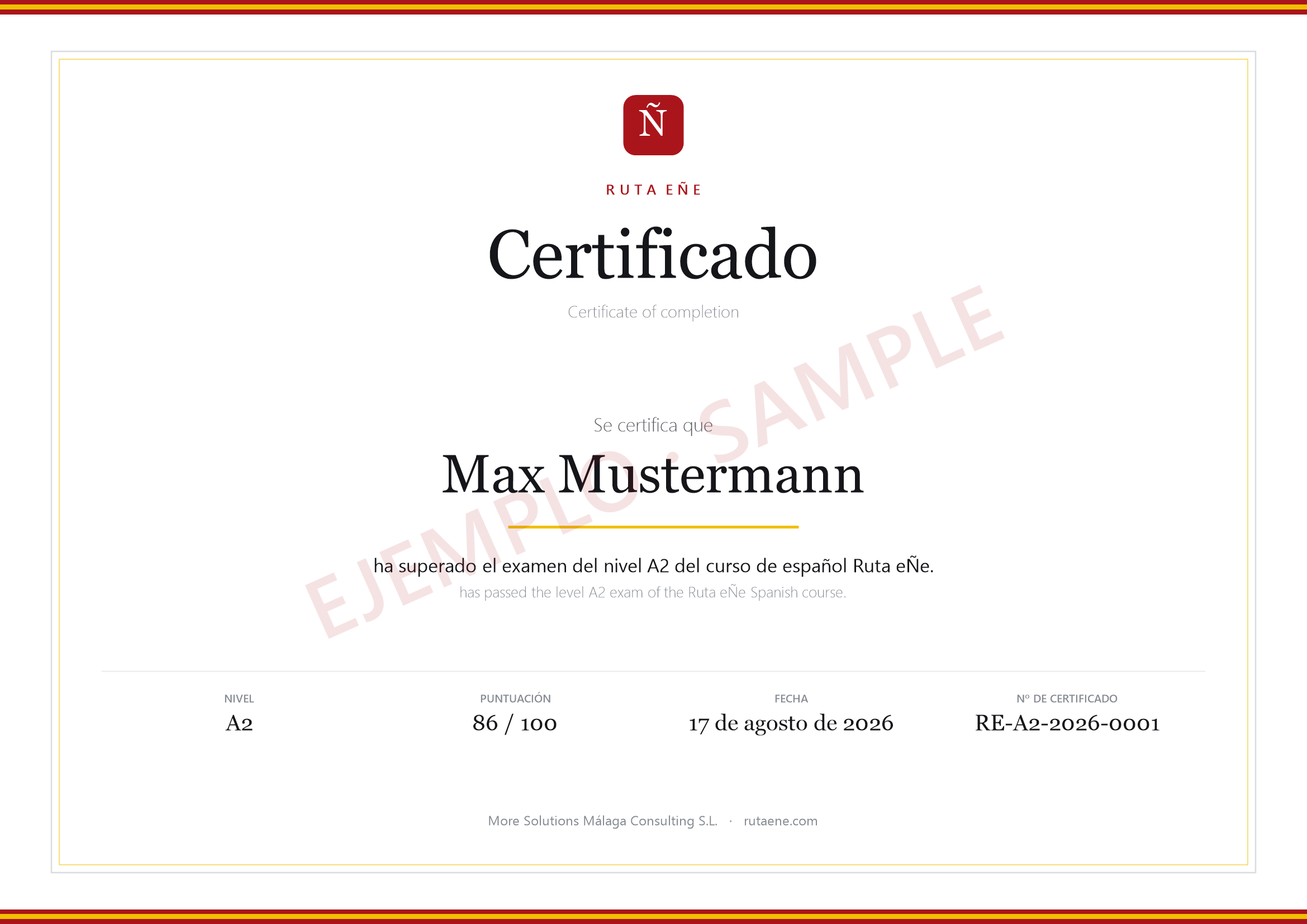 Example of a Ruta eÑe certificate, made out to Max Mustermann for level A2, with the score and the date.